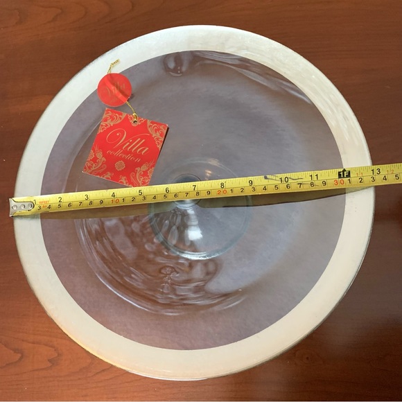 13” inches round clear glass cake stand with pedestal and shiny silver trim line - Picture 5 of 6